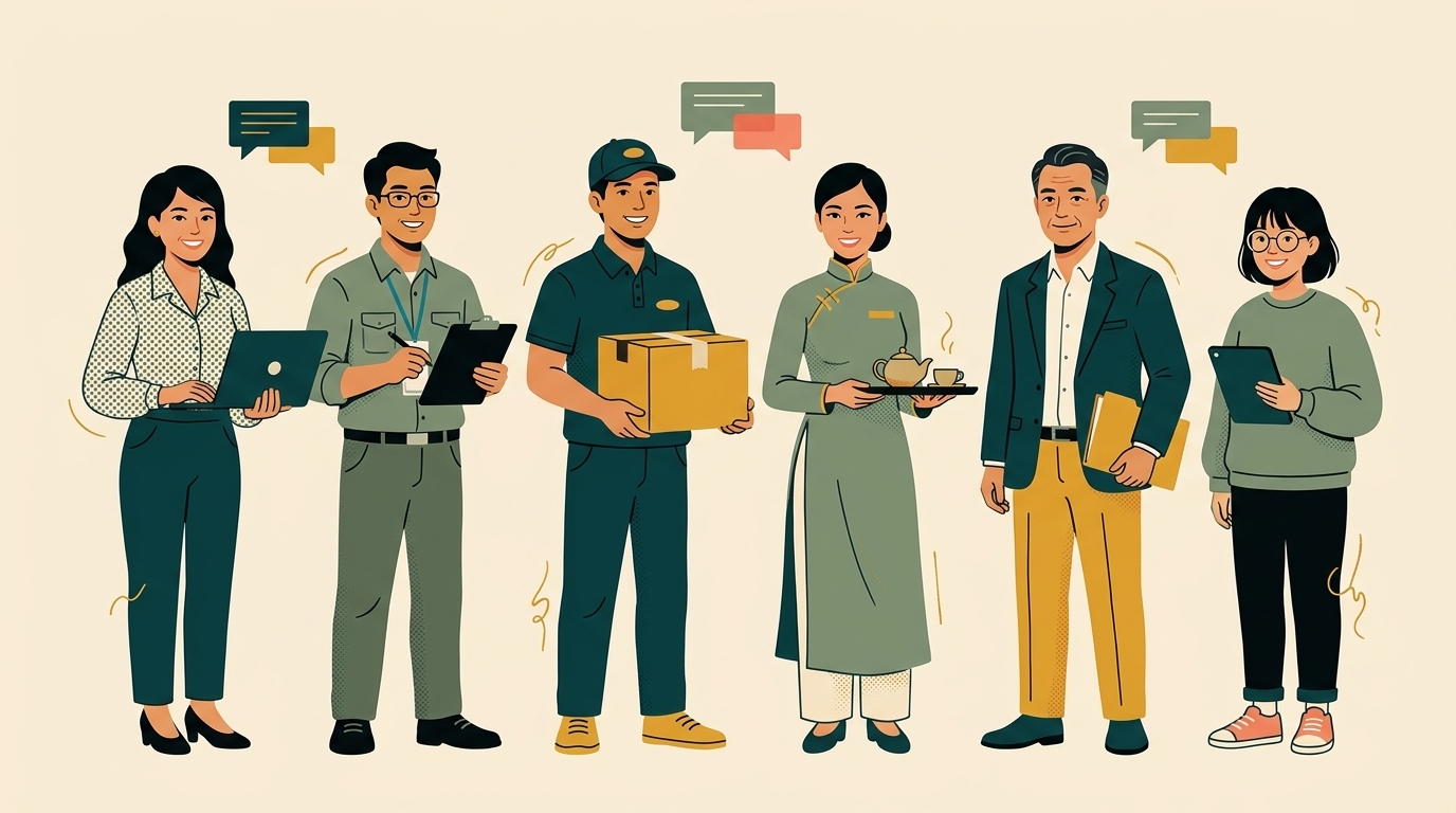 Minh hoạ nhiều người làm nghề khác nhau, đa dân tộc, đứng cạnh nhau