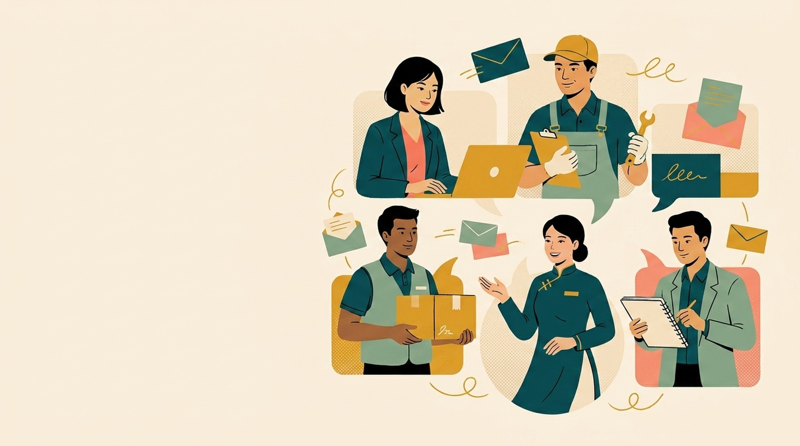 Minh hoạ nhóm người Việt làm nhiều ngành nghề cùng tự tin dùng tiếng Anh trong công việc
